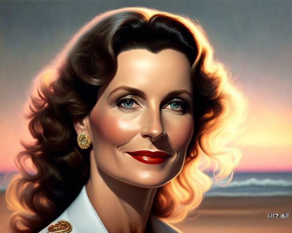 Smiling woman portrait with wavy hair and red lipstick