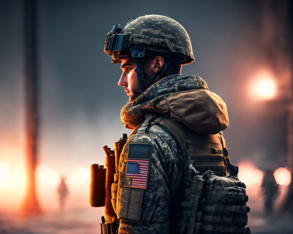Soldier in combat gear against smoke and fire backdrop with American flag patch.