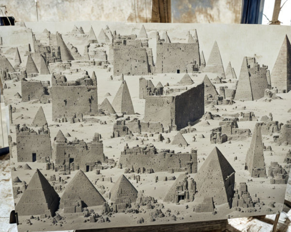 Monochrome photo of Egyptian pyramids on easel
