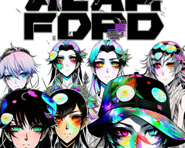 Colorful Anime Characters in Stylish Attire and Graffiti Text