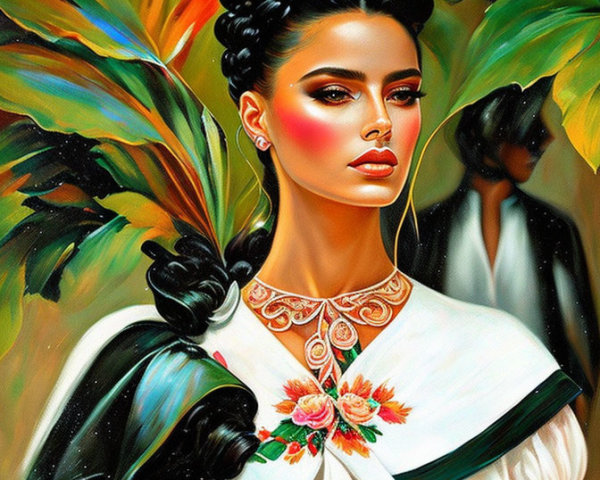Illustrated portrait of woman with braided updo in white outfit with floral embroidery, set in lush