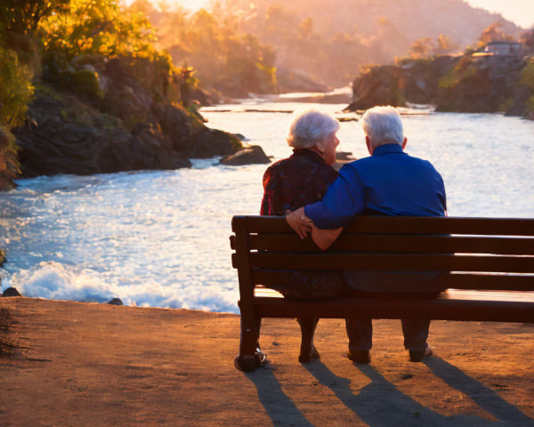 Elderly couple on park bench by river at dusk