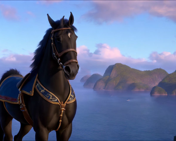 3D animated horse with decorative bridle in serene seascape