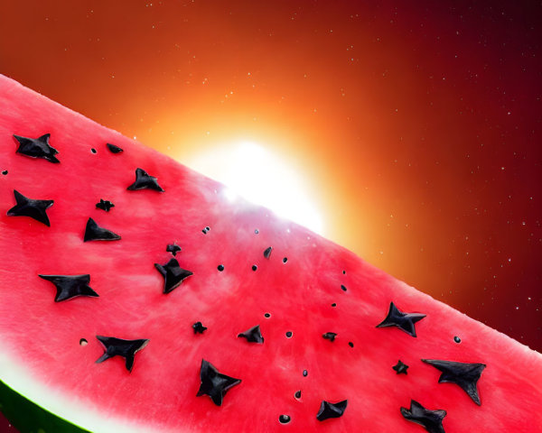 Watermelon slice with sprouting seeds on surreal sunset backdrop
