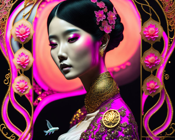 Colorful digital artwork: Woman with stylized makeup in floral motif against ornate background