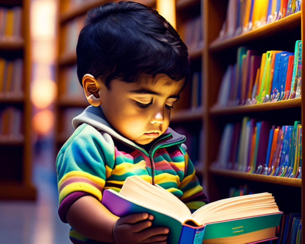 Child in Striped Shirt Reading Book in Library