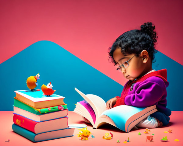 Child reading book surrounded by colorful books, toy birds, and stars