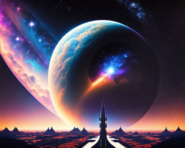 Futuristic cityscape with towering spire and space vista