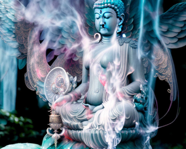 Serene multi-armed winged deity statue in mystical blue and pink smoke