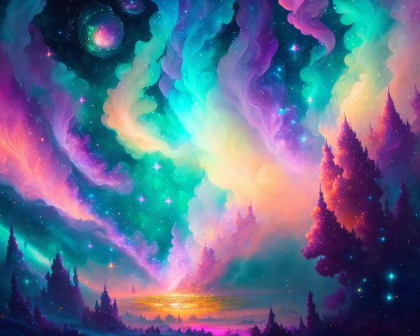 Colorful Cosmic Scene with Swirling Nebulas and Pine Tree Silhouette