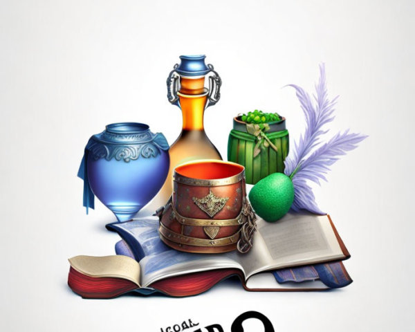 Collection of Vintage Objects: Books, Inkwell, Quill, Drum, Pot, Bauble,