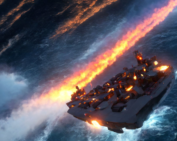 Military aircraft carrier launches fighter jets in turbulent seas with glowing afterburners.