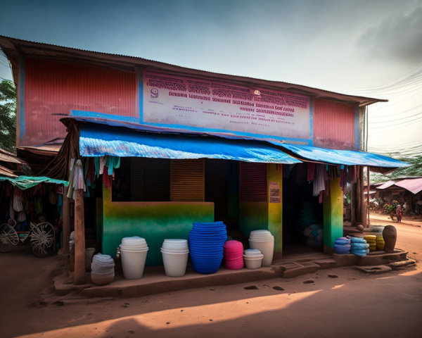 Colorful storefront with stacked buckets, bikes, dirt street, and blue awning under hazy sky