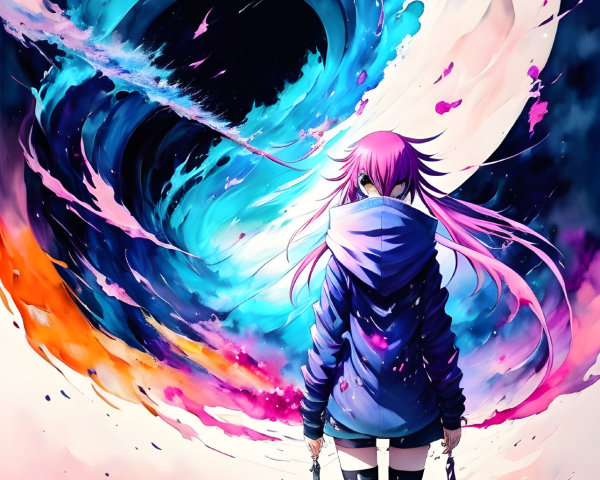 Purple-haired girl with katana in front of swirling vortex in blue, black, pink, and white