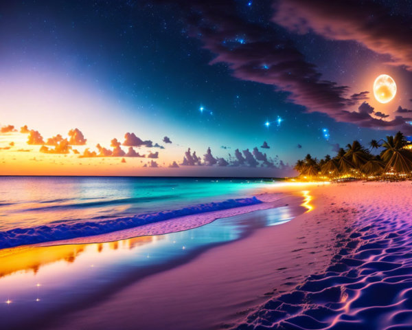 Tranquil beach scene at twilight with glowing moon, palm tree silhouettes, and vibrant sunset