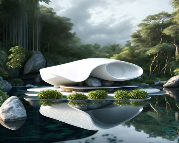 Futuristic white pod-shaped dwelling by tranquil pond in lush greenery