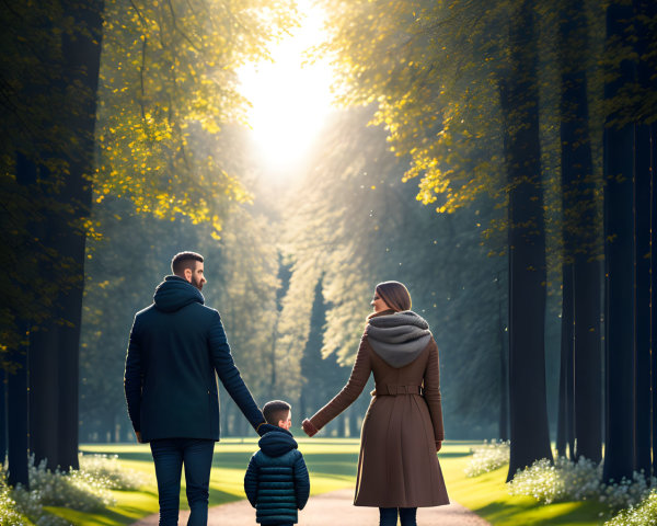 Family of Three Walking Down Tree-Lined Path Under Sunlight