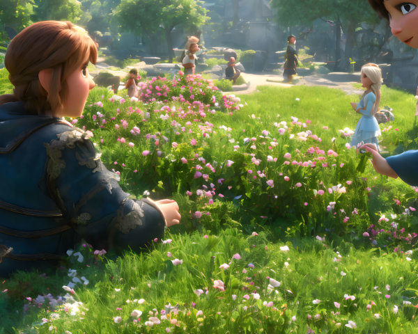 CGI image: Young girl in blue dress in vibrant garden scene