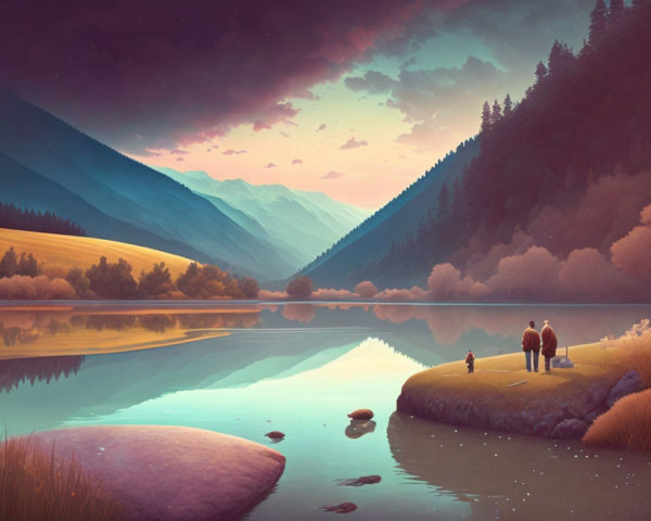 Tranquil landscape with reflective lake, mountains, sunset sky, two people, and a dog