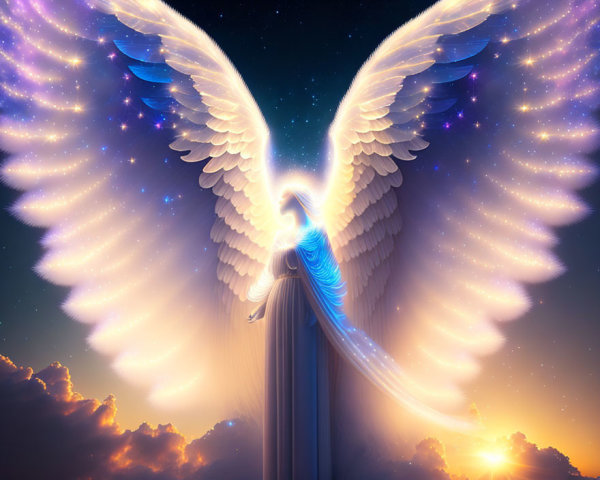 Celestial being with luminous wings in sunset sky
