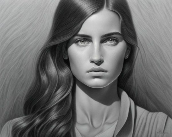 Monochromatic portrait of woman with long wavy hair and penetrating eyes