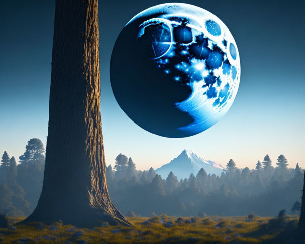 Detailed surreal landscape: large moon, towering trees, distant mountain, dusky sky