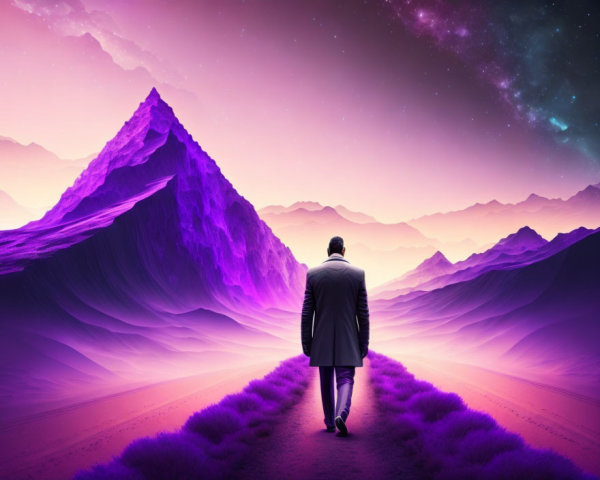 Man in suit against surreal purple mountain landscape