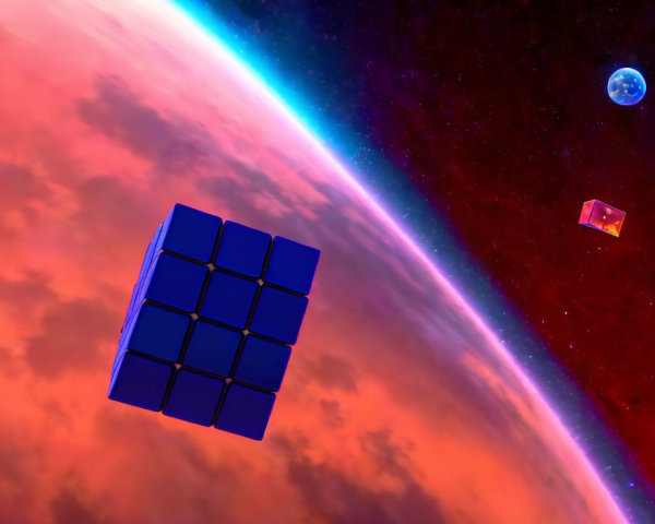 Surreal space scene with floating Rubik’s cube in vibrant cosmic backdrop