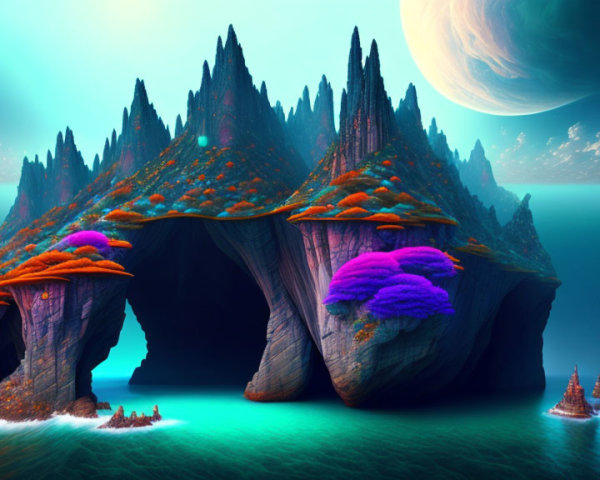 Fantasy landscape with rock formations, colorful foliage, calm waters, and a large moon.
