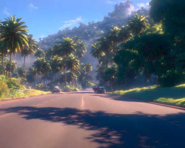 Tranquil road with palm trees under soft glowing sky