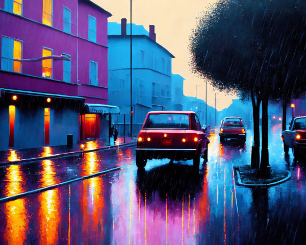 Colorful reflections on rain-slicked street at night