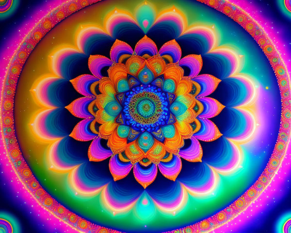 Multicolored fractal image with flower-like symmetrical patterns