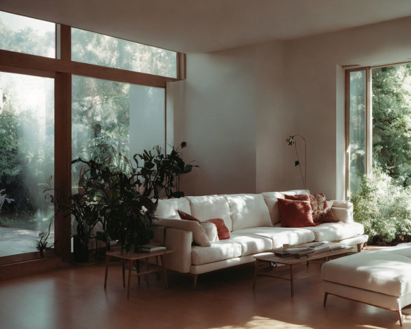White sofa, red cushions, large windows: cozy living room with indoor plants.