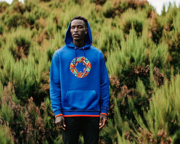 Man in Blue Hoodie with African-Inspired Design in Front of Green Shrubs