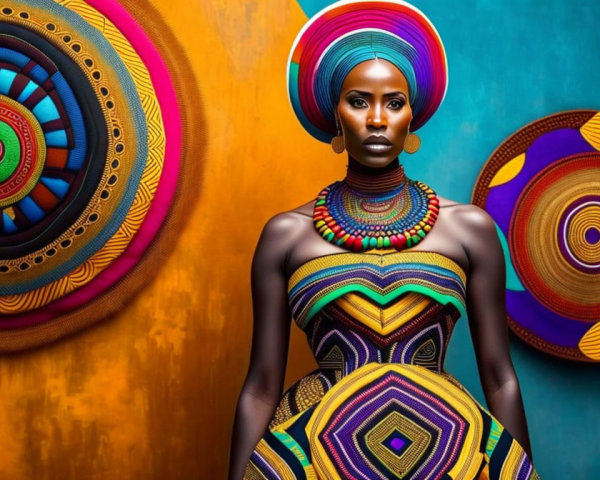 Vibrant traditional African attire and makeup on woman pose against colorful background