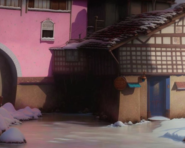 Snow-covered village street with traditional buildings and pink wall