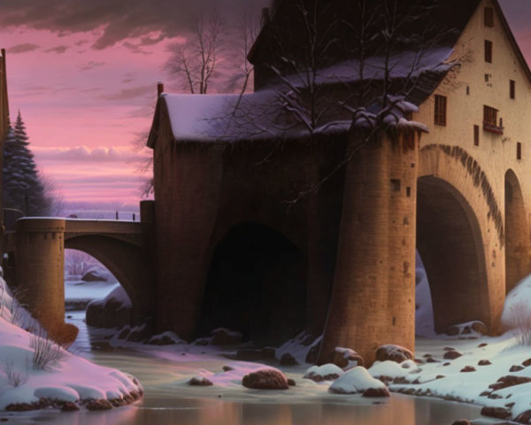 Snow-covered bridge and houses in serene winter dusk.