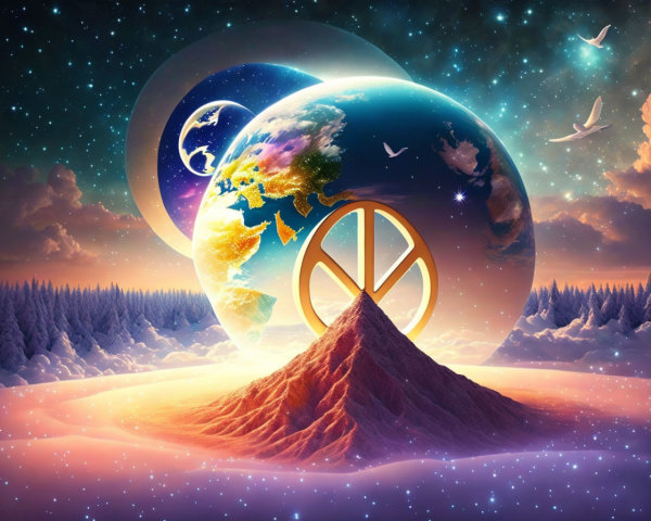 Surreal landscape with mountain, peace symbol, Earth, birds, and clouds