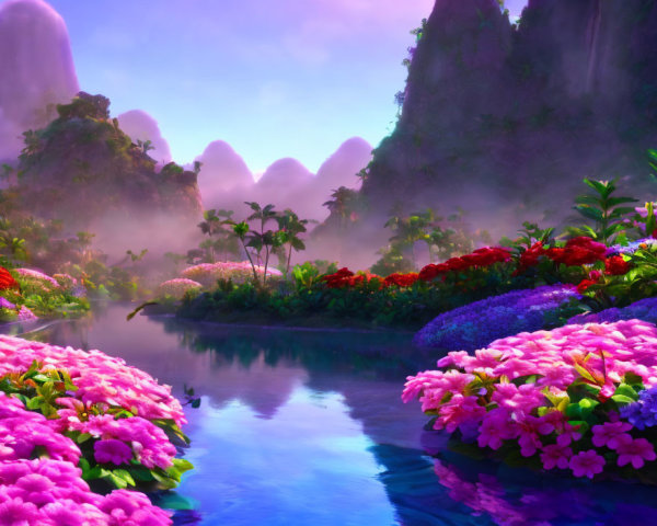 Colorful flowers and misty mountains by tranquil river