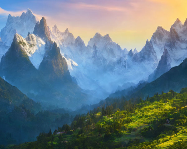 Snowy Peaks and Green Valley in Sunrise Mist
