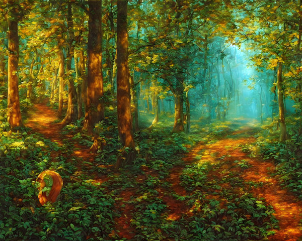 Sunlit forest with green foliage and mystical fog ambiance