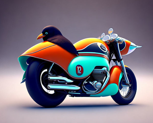 Colorful bird-themed motorcycle with number 12 design