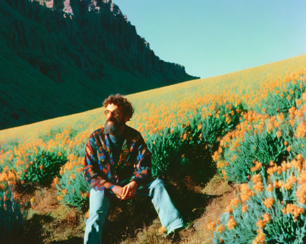 Bearded man in orange field with mountain ridge and blue sky
