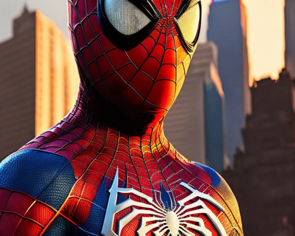 Detailed Spider-Man costume against city backdrop at sunset