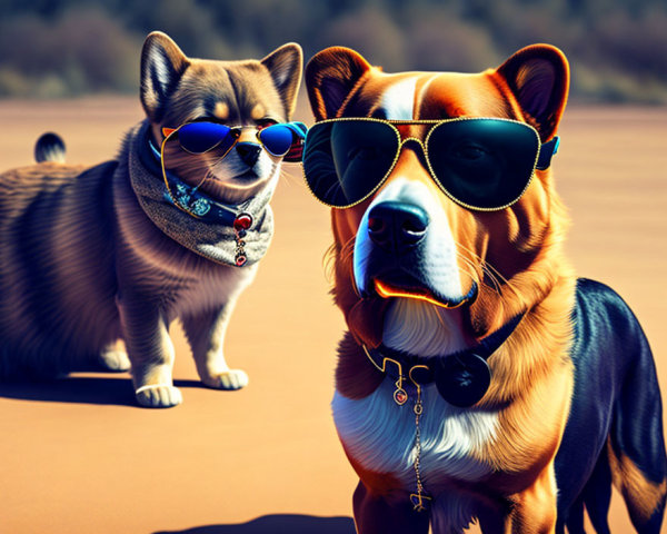 Stylized dogs in sunglasses and bandanas on sandy backdrop