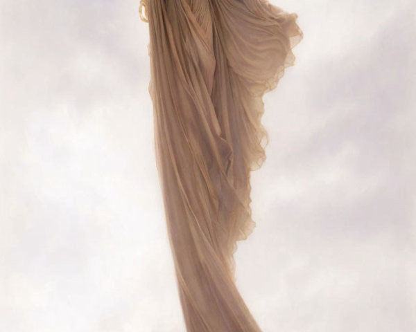 Woman in flowing beige gown on hilltop with castle silhouettes - painting landscape.