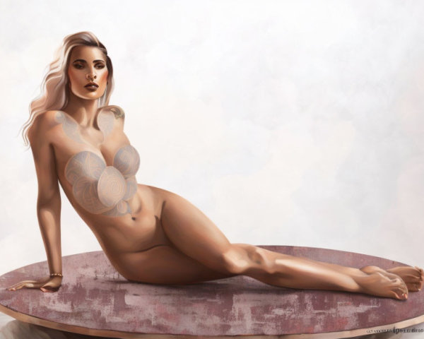 Stylized nude female figure reclining on flat surface with neutral background