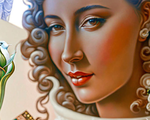 Vibrant woman with curly hair in floral outfit beside white rose