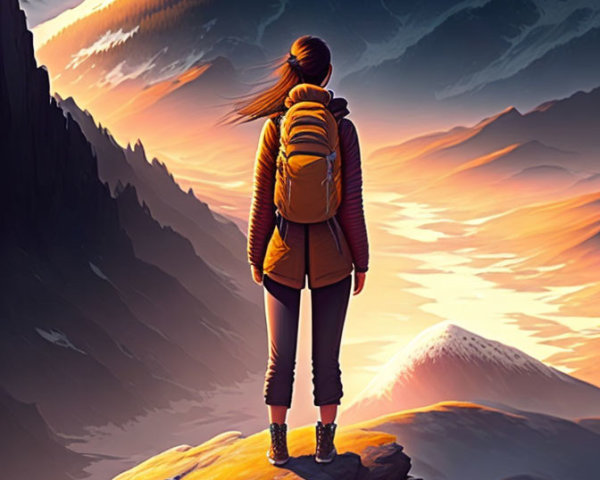 Backpacker admiring sunset over snowy mountains