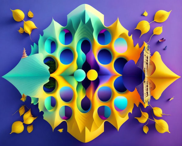 Symmetrical 3D illustration blending geometric shapes, nature elements, and landmark silhouettes
